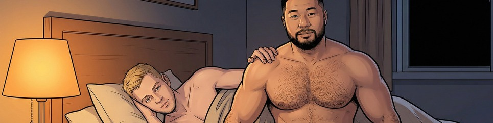 Two comic characters in a warmly lit bedroom
